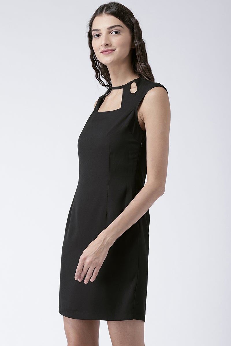 Black Knee Length Choker Neck Sleeveless Polyester Solid Dress