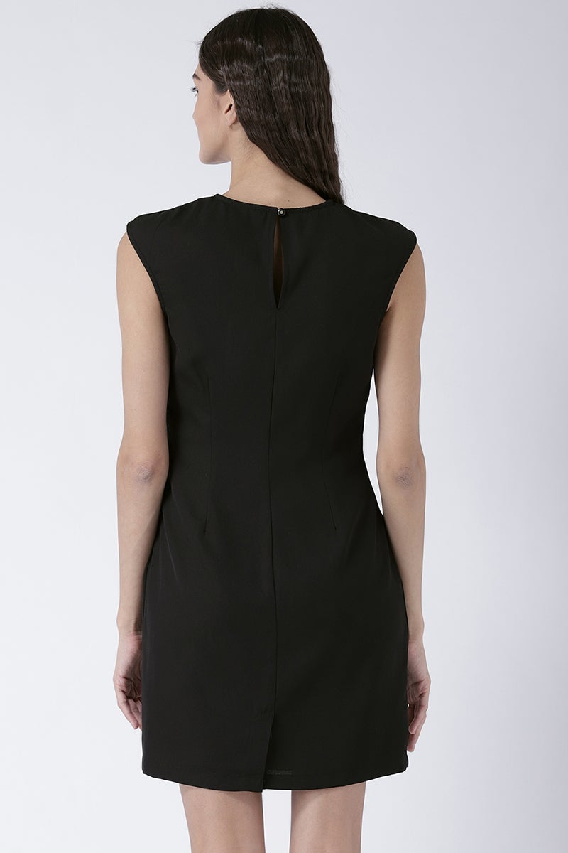 Black Knee Length Choker Neck Sleeveless Polyester Solid Dress