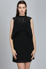 Black Above Knee Length Choker Neck Sleeveless Polyester Embellished Dress