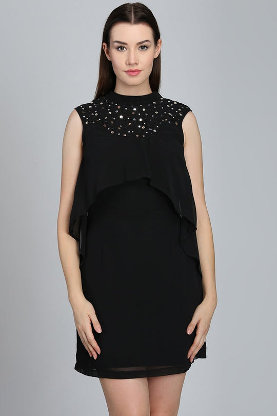 Black Above Knee Length Choker Neck Sleeveless Polyester Embellished Dress