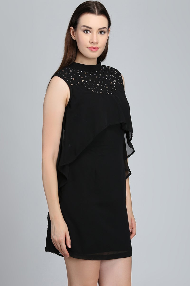 Black Above Knee Length Choker Neck Sleeveless Polyester Embellished Dress