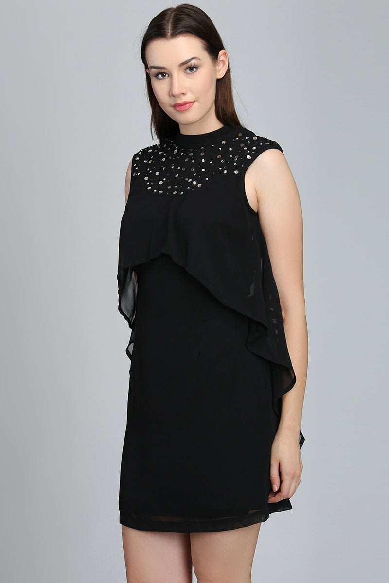 Black Above Knee Length Choker Neck Sleeveless Polyester Embellished Dress