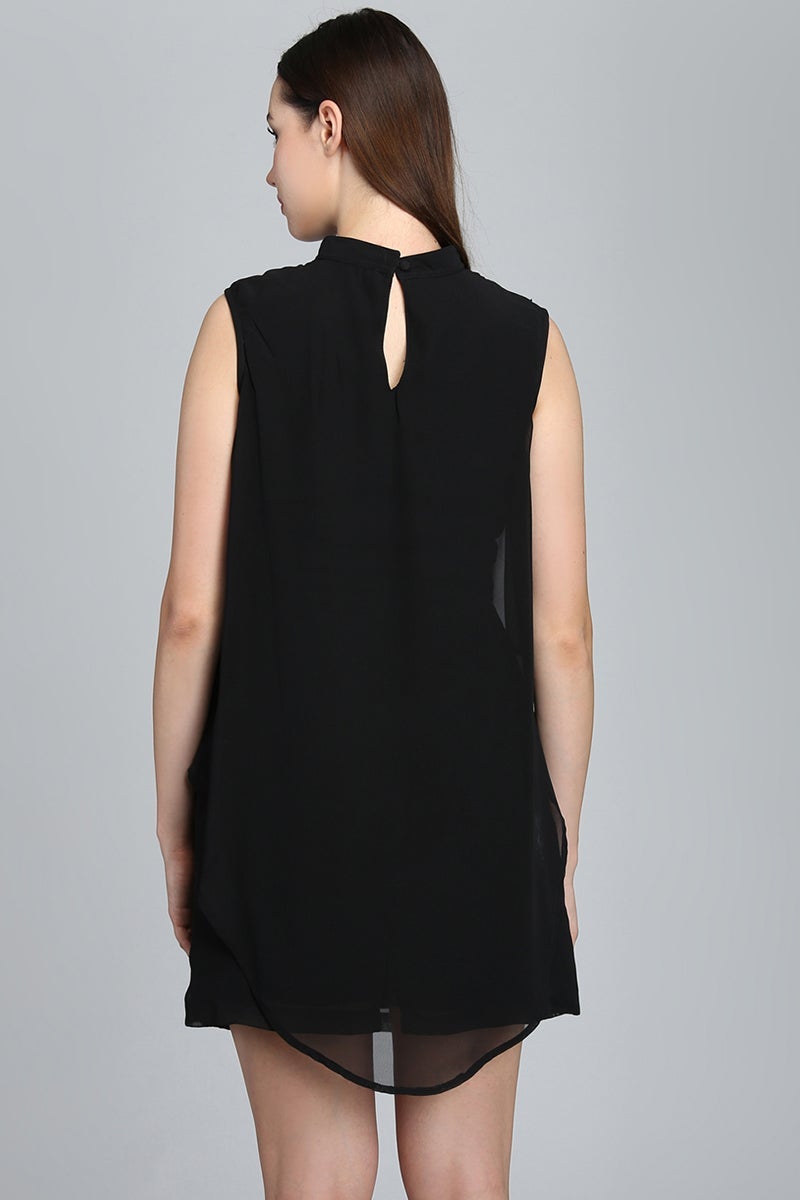 Black Above Knee Length Choker Neck Sleeveless Polyester Embellished Dress