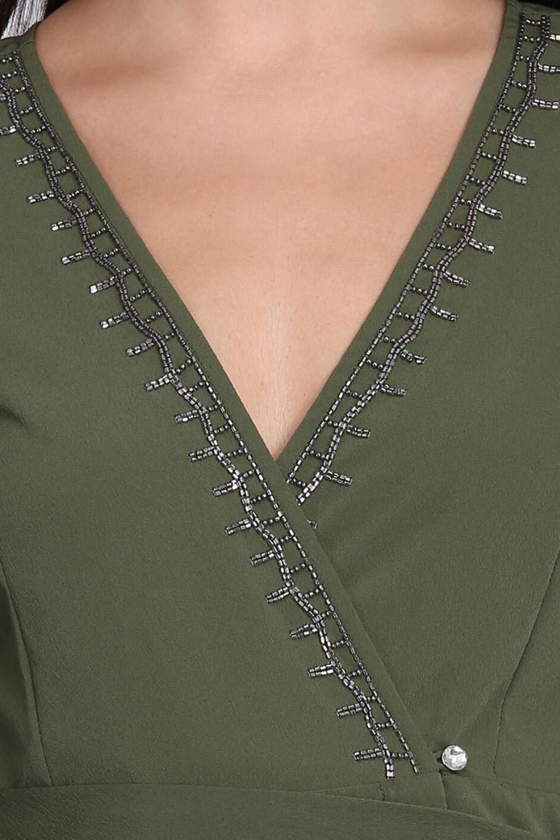 Green Midi Length V-Neck 3/4th Sleeves Polyester Solid Dress