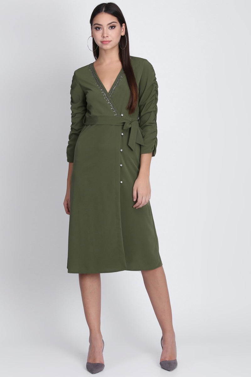 Green Midi Length V-Neck 3/4th Sleeves Polyester Solid Dress