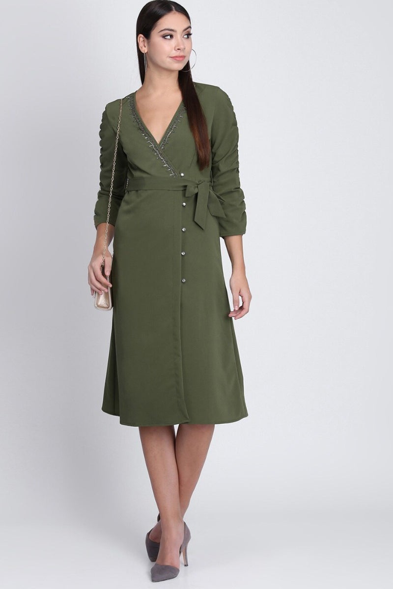 Green Midi Length V-Neck 3/4th Sleeves Polyester Solid Dress