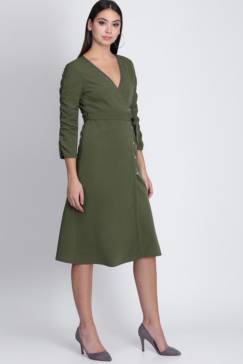Green Midi Length V-Neck 3/4th Sleeves Polyester Solid Dress