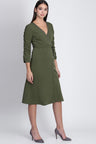 Green Midi Length V-Neck 3/4th Sleeves Polyester Solid Dress