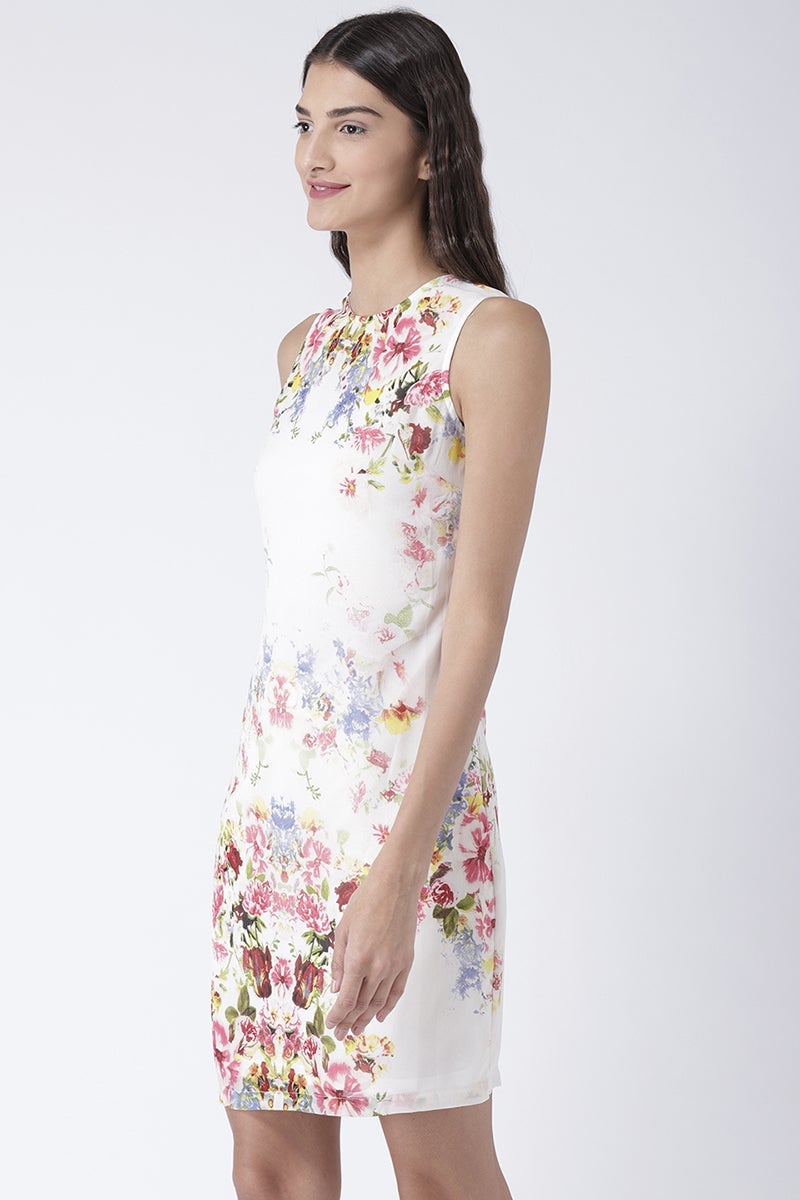 Multicolor Above Knee Length Round Neck Sleeveless Polyester Floral Print Dress