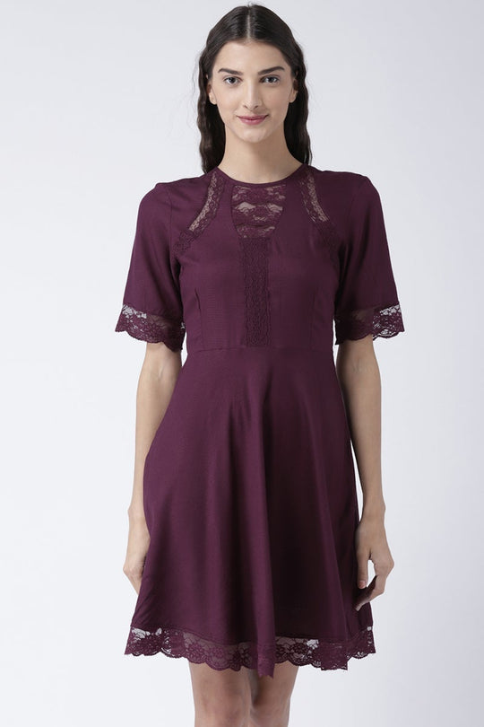 Maroon Knee Length Round Neck Short Sleeves Synthetics Solid Dress