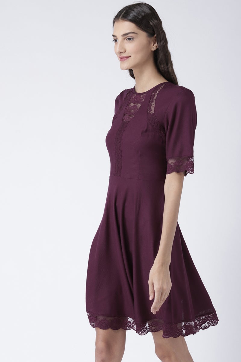 Maroon Knee Length Round Neck Short Sleeves Synthetics Solid Dress