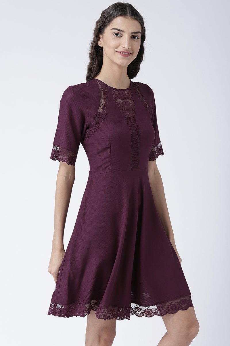 Maroon Knee Length Round Neck Short Sleeves Synthetics Solid Dress