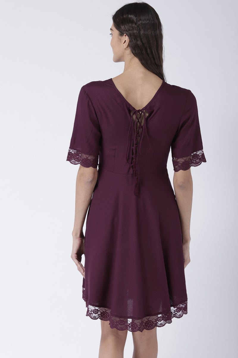 Maroon Knee Length Round Neck Short Sleeves Synthetics Solid Dress