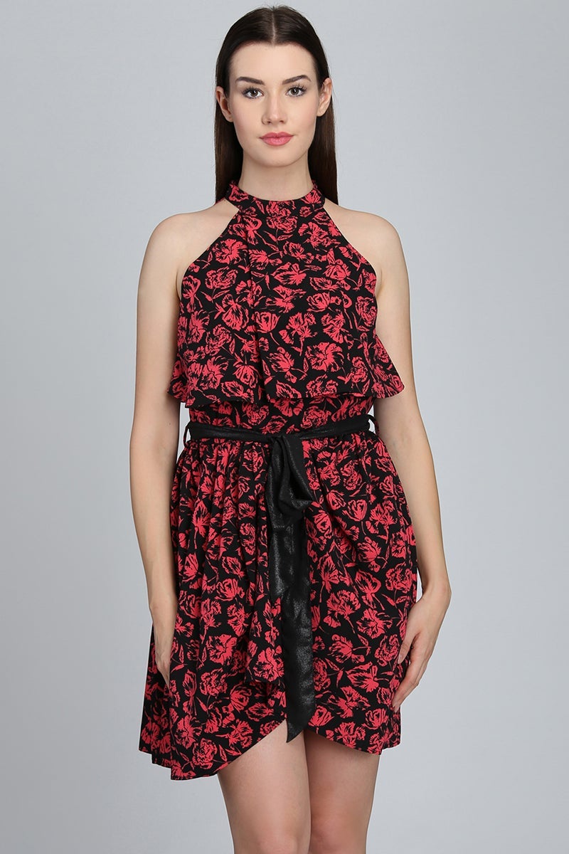 Red & Black Above Knee Length Choker Neck Sleeveless Polyester Printed Dress