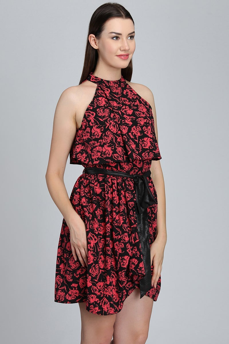 Red & Black Above Knee Length Choker Neck Sleeveless Polyester Printed Dress