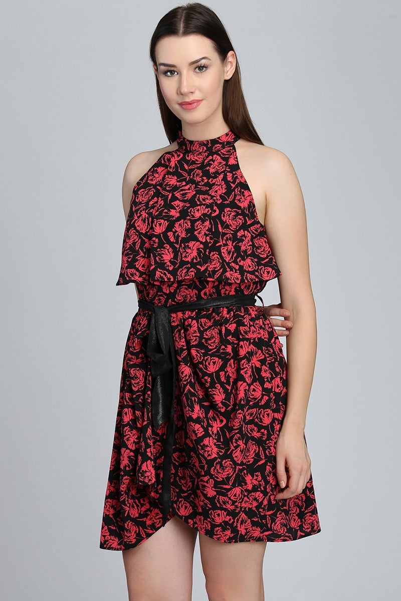 Red & Black Above Knee Length Choker Neck Sleeveless Polyester Printed Dress