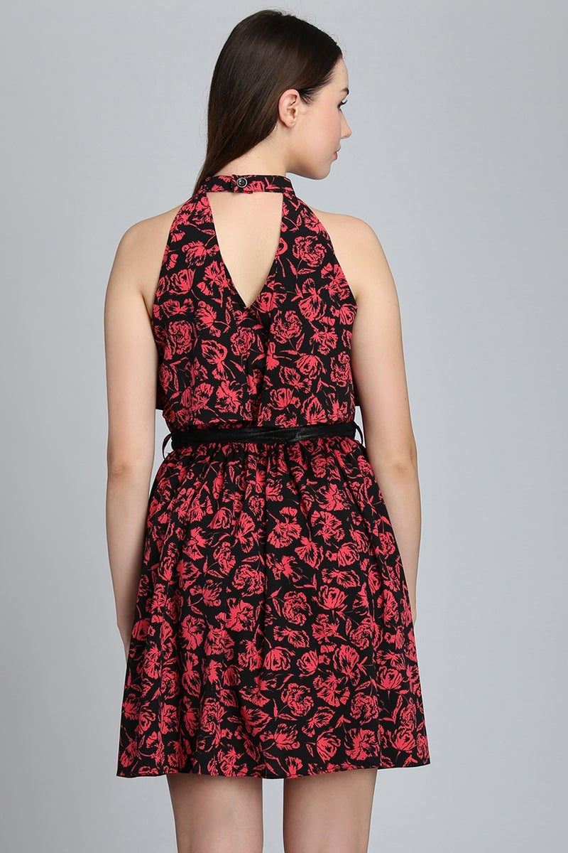 Red & Black Above Knee Length Choker Neck Sleeveless Polyester Printed Dress