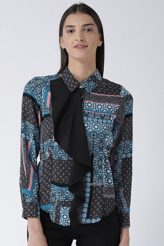 Black Medium Length Shirt Collar Long Sleeves Polyester Shirt