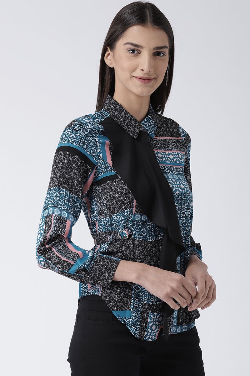 Black Medium Length Shirt Collar Long Sleeves Polyester Shirt