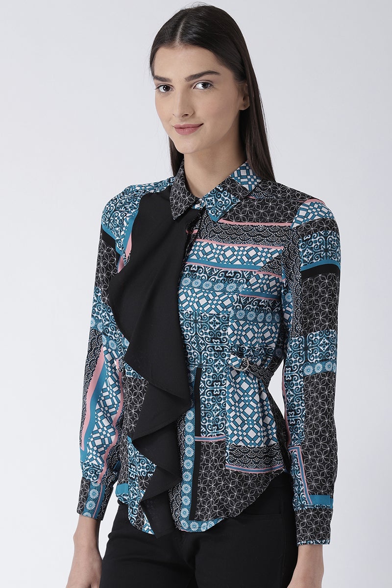Black Medium Length Shirt Collar Long Sleeves Polyester Shirt