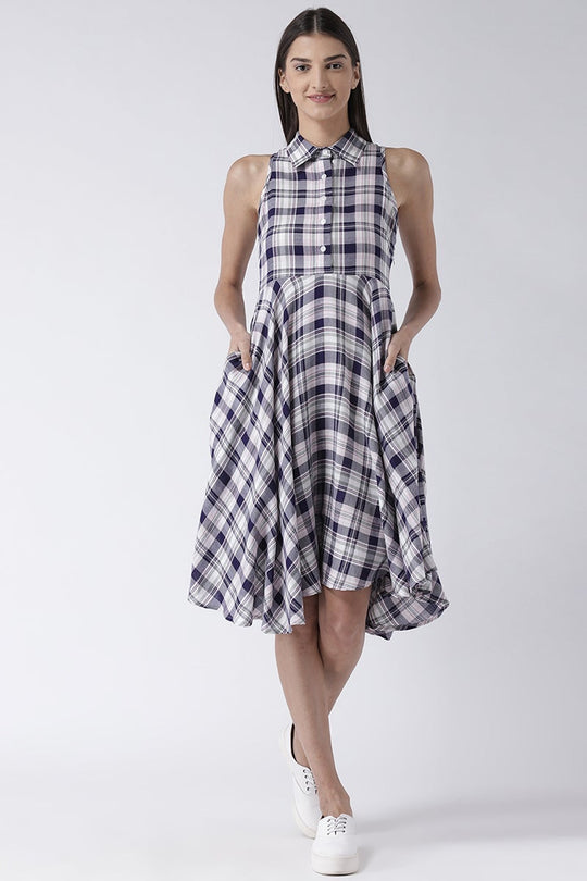 Blue Knee Length Shirt Collar Sleeveless Rayon Check Dress