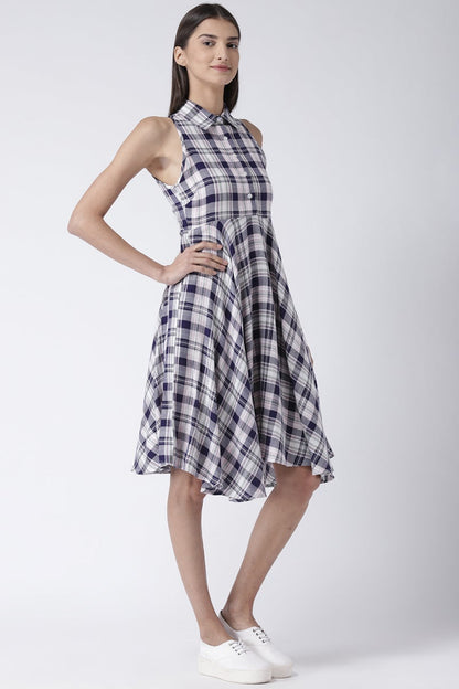Blue Knee Length Shirt Collar Sleeveless Rayon Check Dress