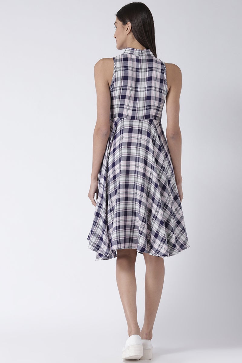 Blue Knee Length Shirt Collar Sleeveless Rayon Check Dress