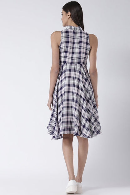 Blue Knee Length Shirt Collar Sleeveless Rayon Check Dress