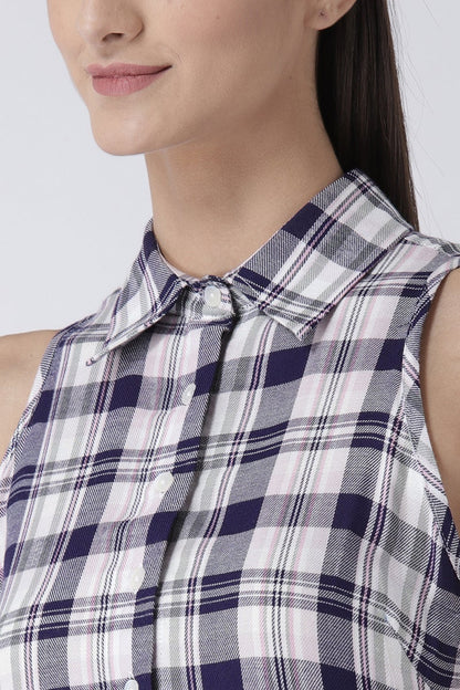 Blue Knee Length Shirt Collar Sleeveless Rayon Check Dress