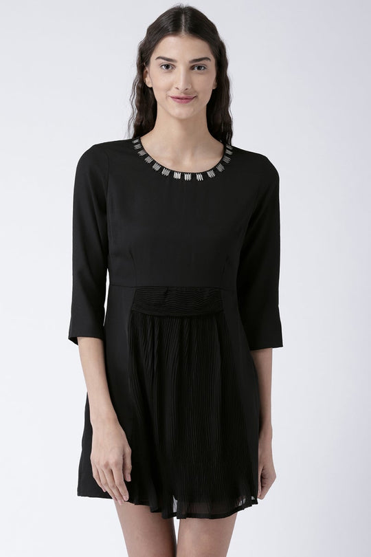 Black Above Knee Length Round Neck 3/4th Sleeves Polyester Solid Dress