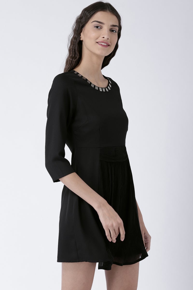 Black Above Knee Length Round Neck 3/4th Sleeves Polyester Solid Dress
