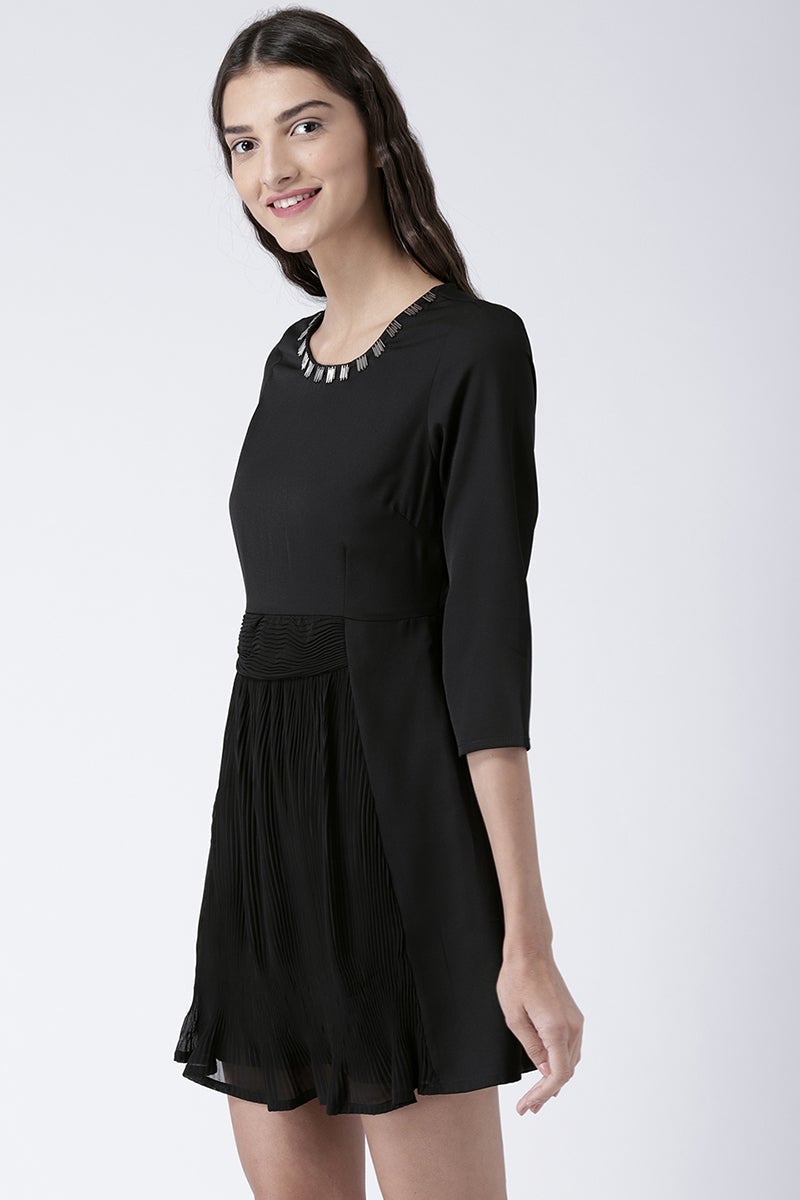 Black Above Knee Length Round Neck 3/4th Sleeves Polyester Solid Dress