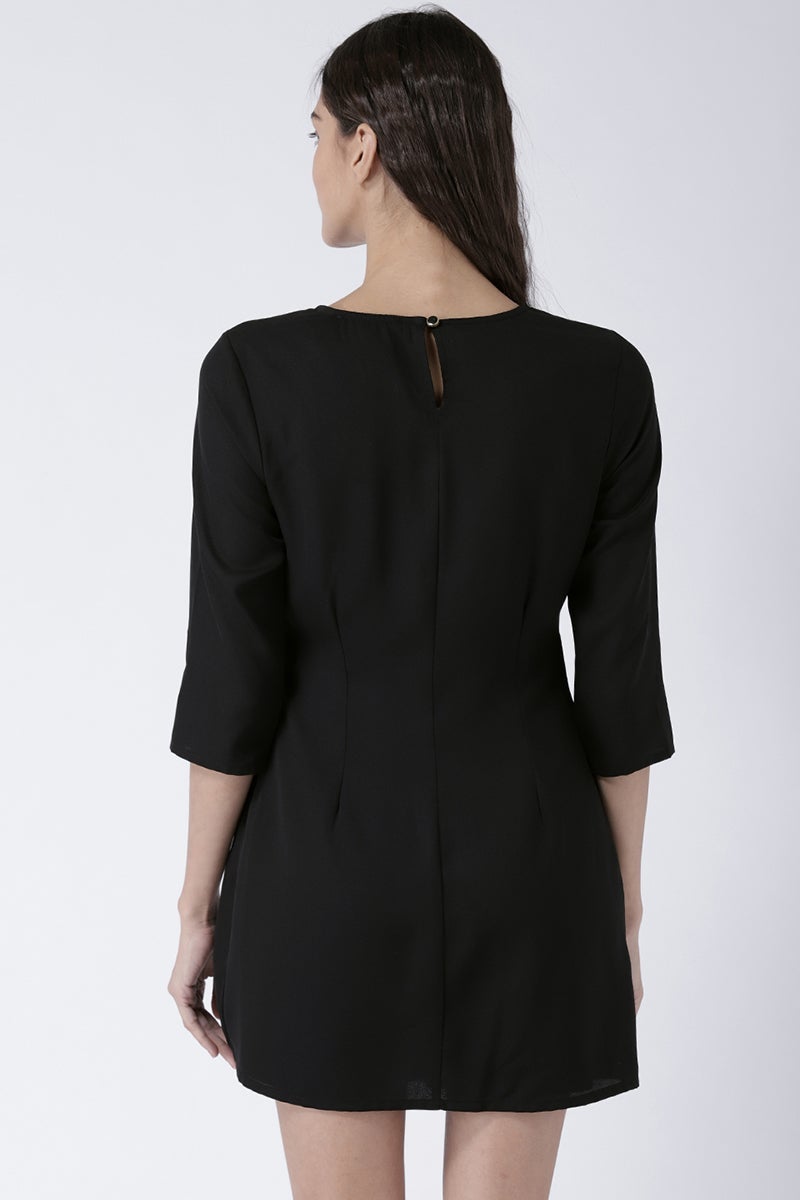 Black Above Knee Length Round Neck 3/4th Sleeves Polyester Solid Dress