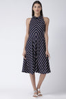 Navy Blue Midi Length Shirt Collar Sleeveless Rayon Striped Dress