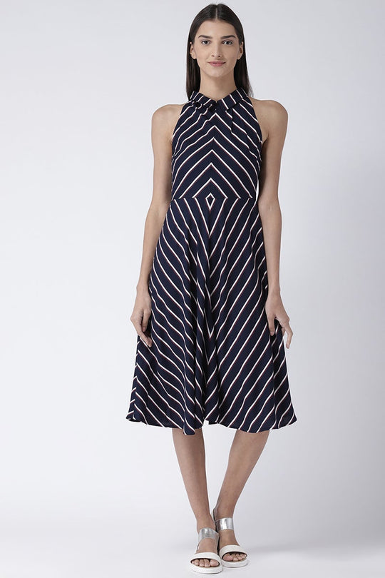 Navy Blue Midi Length Shirt Collar Sleeveless Rayon Striped Dress