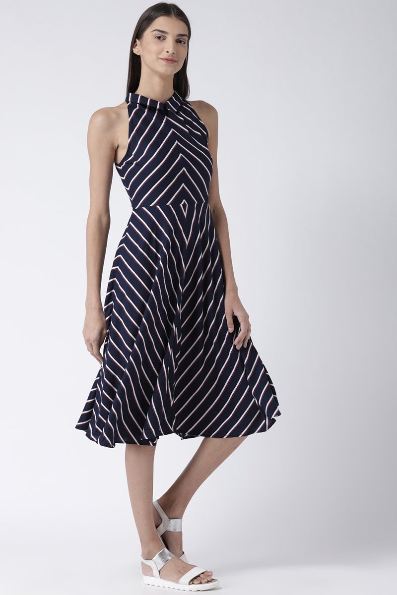 Navy Blue Midi Length Shirt Collar Sleeveless Rayon Striped Dress