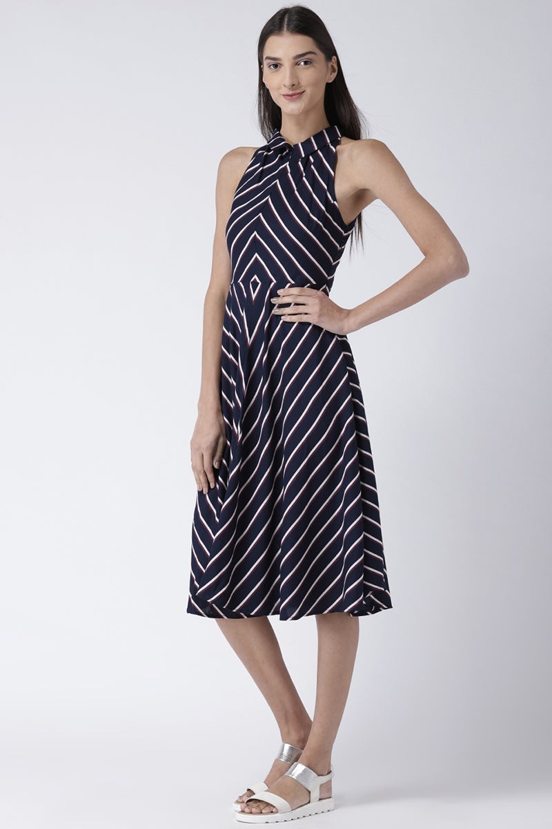 Navy Blue Midi Length Shirt Collar Sleeveless Rayon Striped Dress