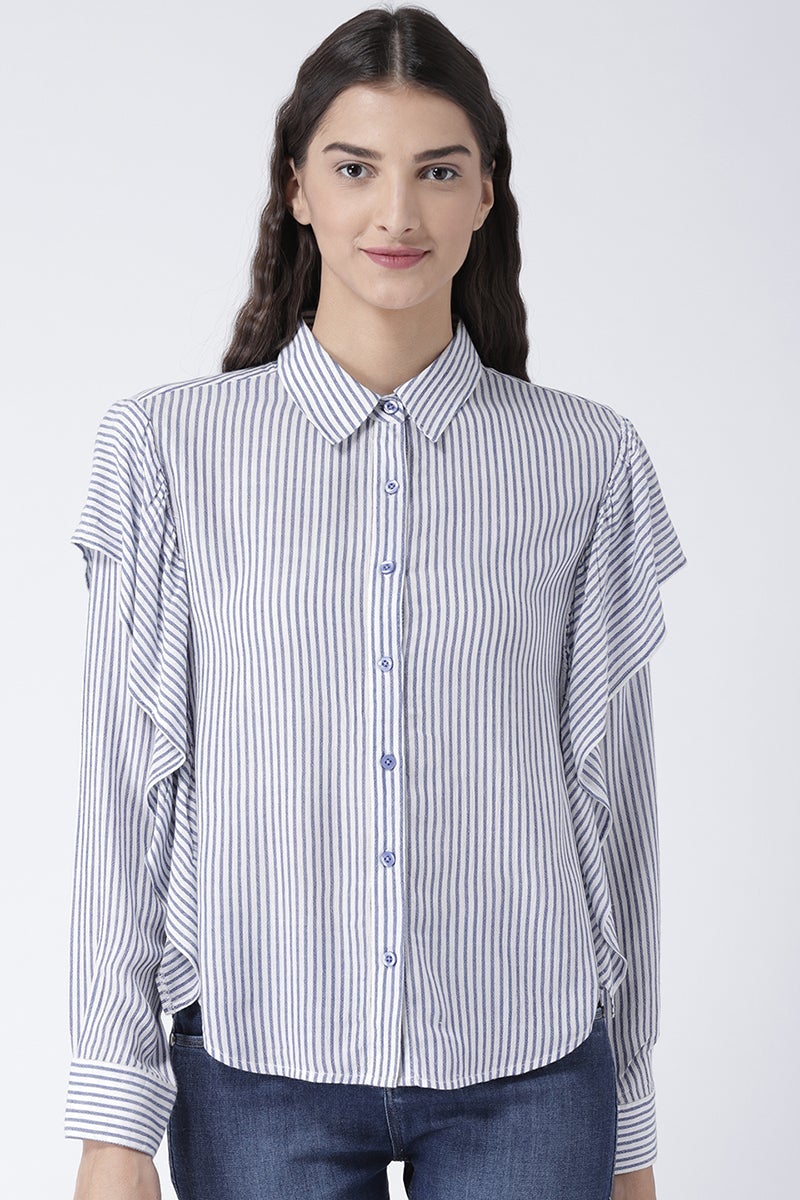 Blue Medium Length Shirt Collar Long Sleeves Rayon Shirt