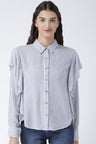 Blue Medium Length Shirt Collar Long Sleeves Rayon Shirt