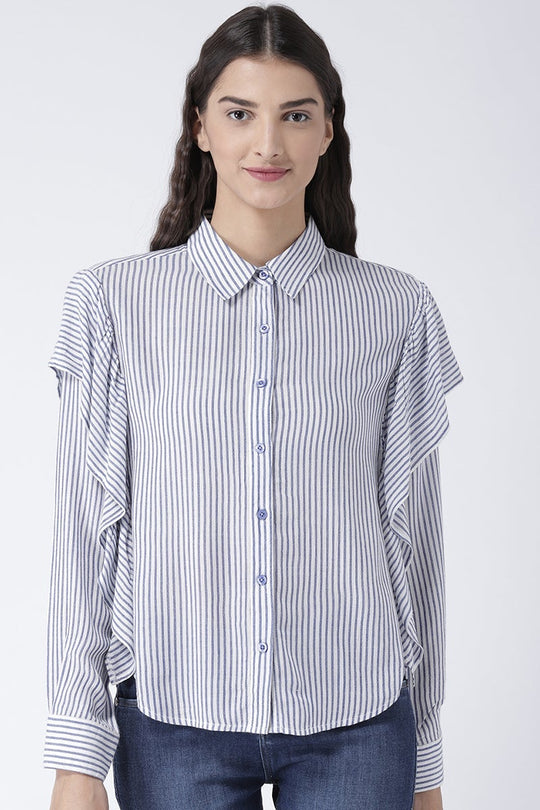 Blue Medium Length Shirt Collar Long Sleeves Rayon Shirt