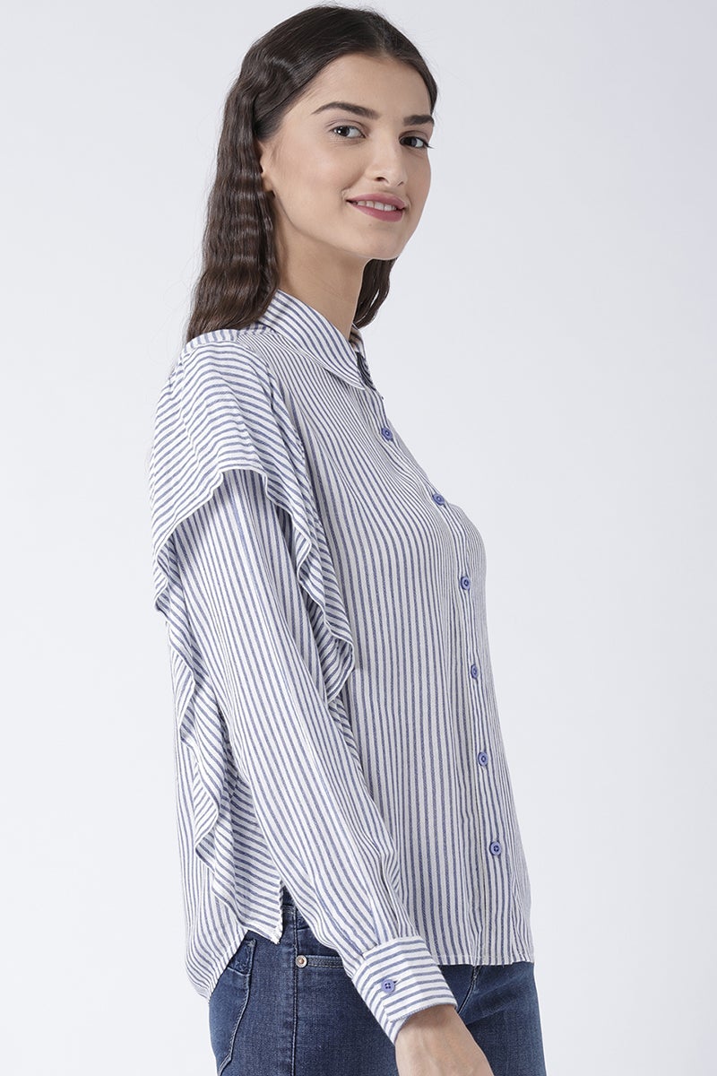 Blue Medium Length Shirt Collar Long Sleeves Rayon Shirt