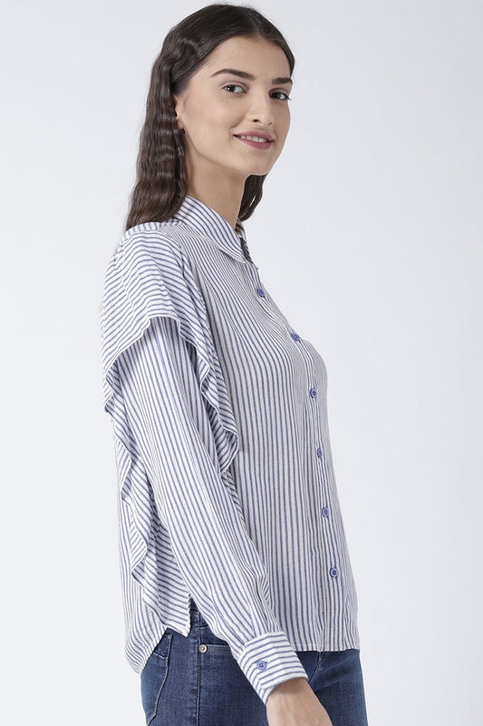 Blue Medium Length Shirt Collar Long Sleeves Rayon Shirt