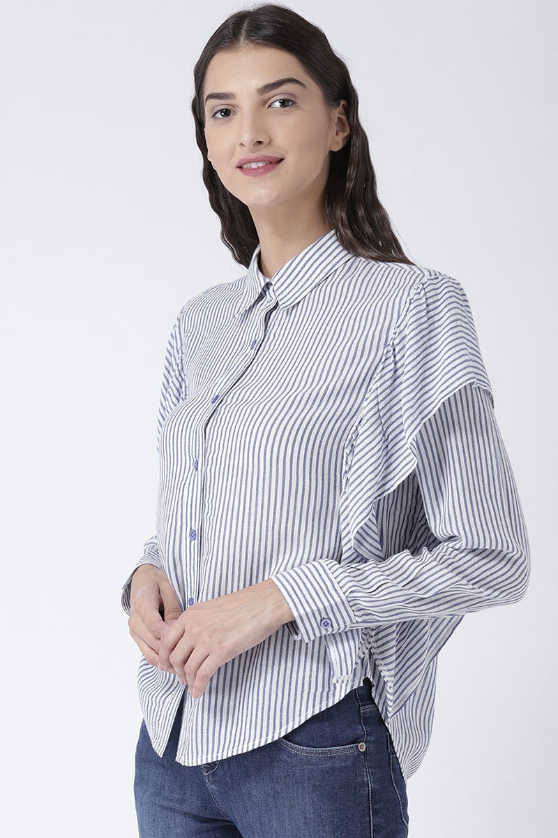 Blue Medium Length Shirt Collar Long Sleeves Rayon Shirt