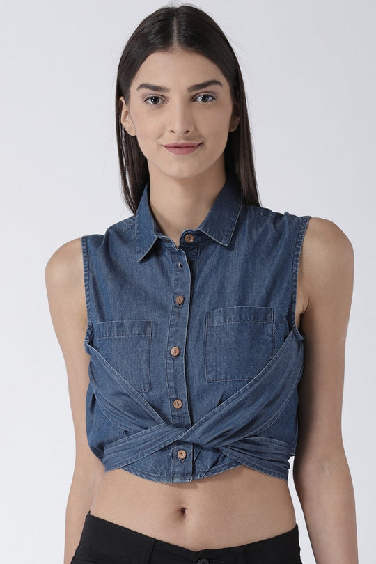 Blue Medium Length Shirt Collar Sleeveless Denim Shirt