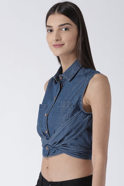 Blue Medium Length Shirt Collar Sleeveless Denim Shirt