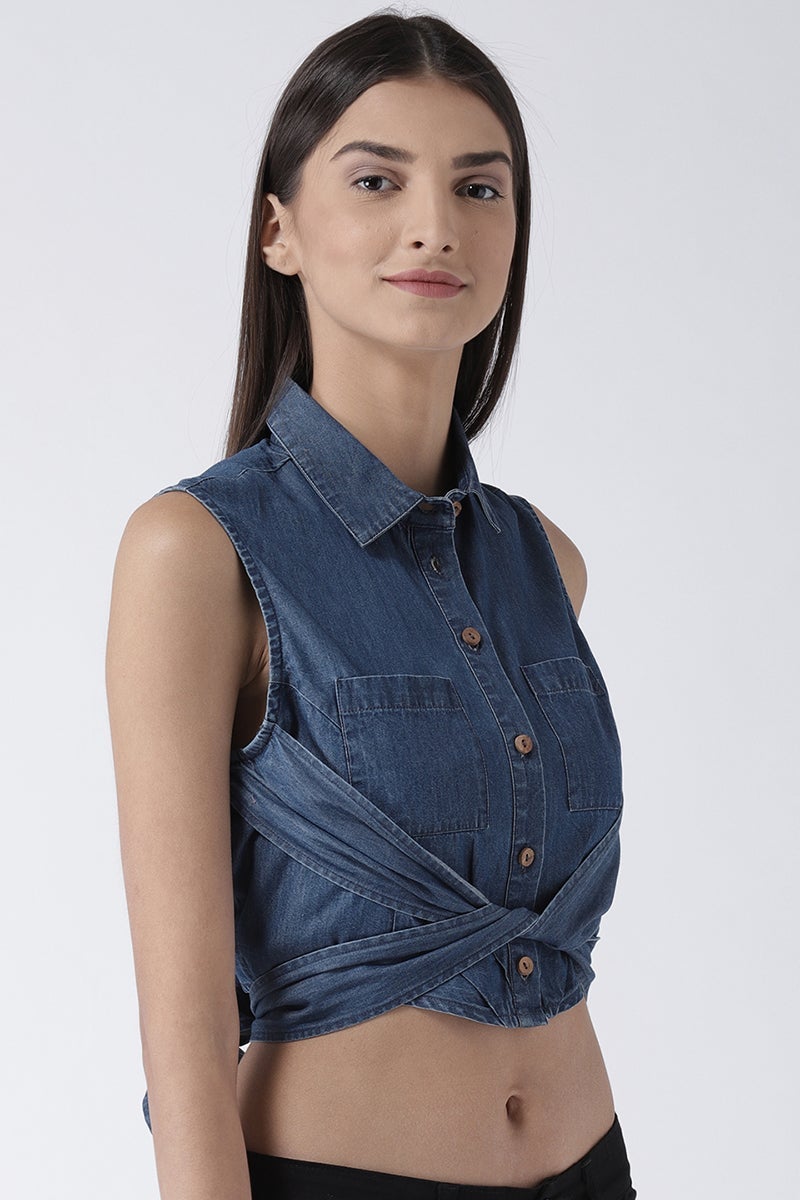 Blue Medium Length Shirt Collar Sleeveless Denim Shirt