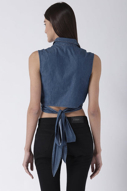 Blue Medium Length Shirt Collar Sleeveless Denim Shirt