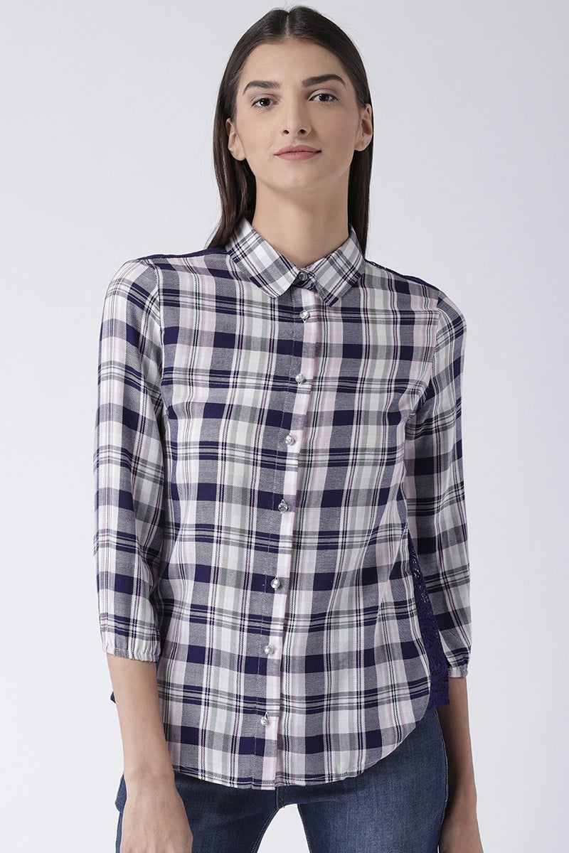 Blue Medium Length Shirt Collar 3/4th Sleeves Rayon Shirt
