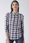 Blue Medium Length Shirt Collar 3/4th Sleeves Rayon Shirt
