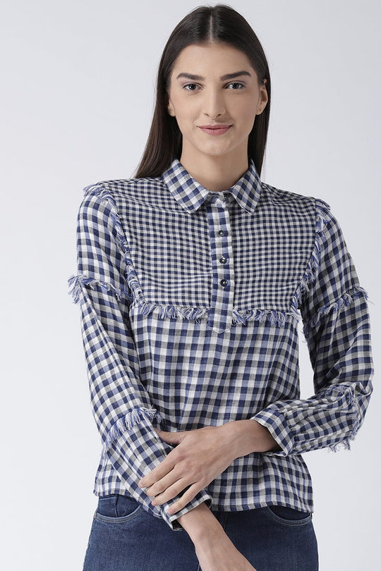 Blue Medium Length Shirt Collar Long Sleeves Rayon Shirt